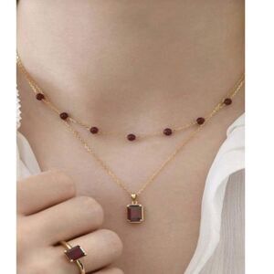 Square Brown Zirconia Double Layer Pendant Necklace Smokey Quartz Beaded Chain